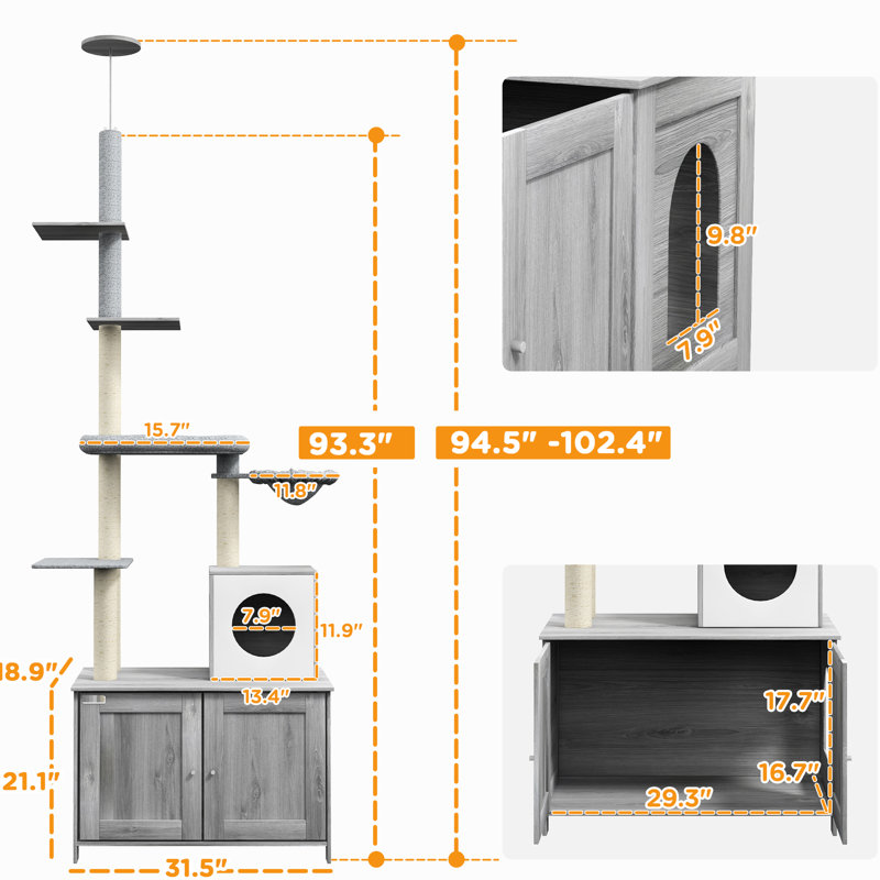 Enceinte de litière pour chat et tour de fusion - gris. Pratique avec un lit, des grattoirs et des plateformes pour les chats d'intérieur. Multifonctionnel