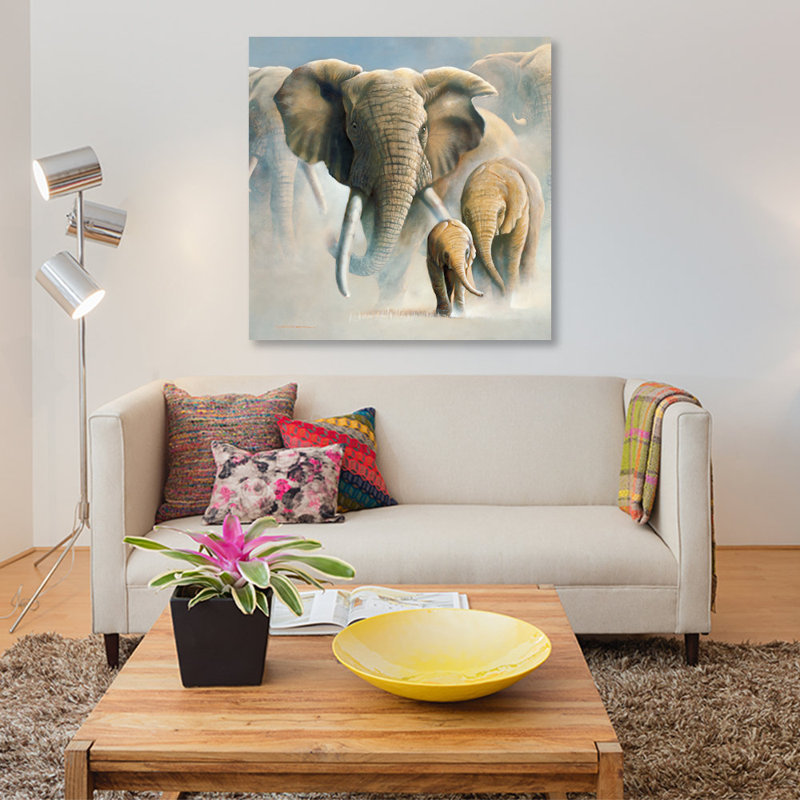 « running éléphants ii », impression sur toile, H 18 po x l 18 po x P 1,5 po, Pas de tapis, Toile tendue