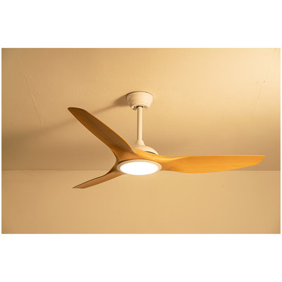 Ventilateur de plafond de 52 po en ABS avec ensemble de lumières (source de lumière DEL), DC 6 vitesses, télécommande, ventilateur de hauteur réglable pour salon, chambre à coucher, bureau, intérieur (blanc mat + bois naturel)