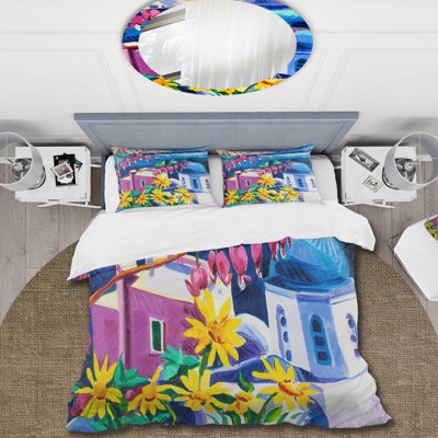 Ensemble de housse de couette nautique et côtier coloré Colorful Traditional Santorini Ch Church - Microfibre polyester