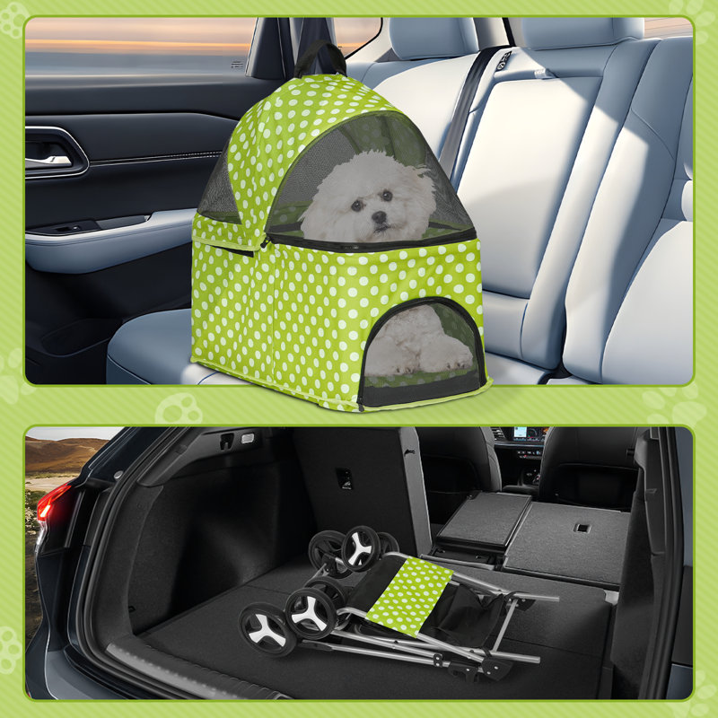Lawn Green Polka Dot 3-in-1 Foldable Pet Stroller with Steel Frame