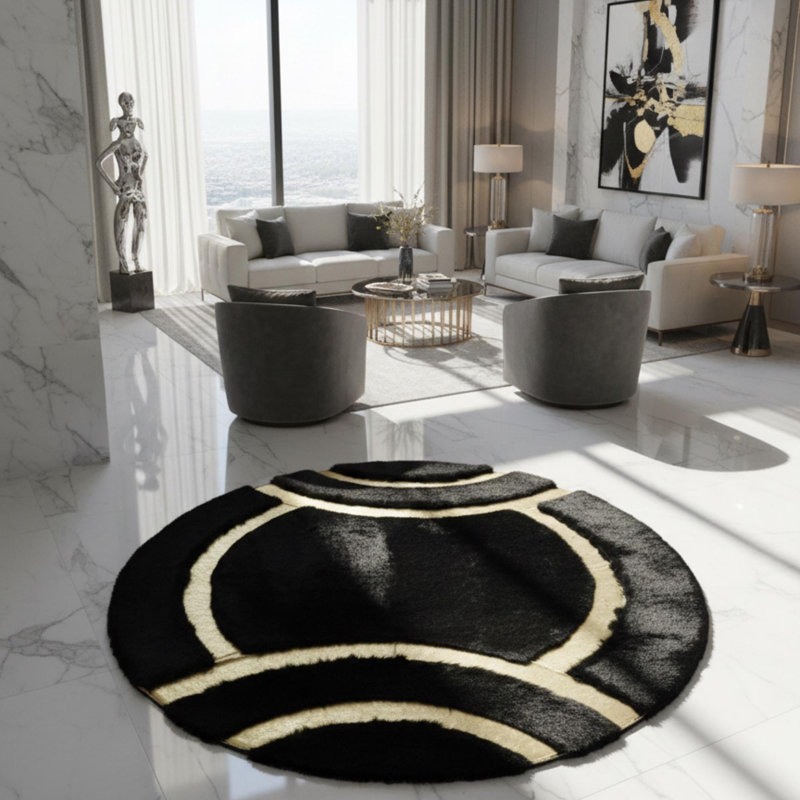 Tapis rond noir en peluche, tapis circulaire doré, tapis moelleux de luxe, Rond 5 pi
