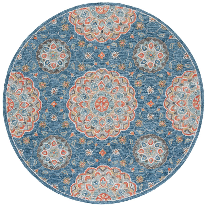 Saysha Handtufted Wool Cotton Floral Rug in Blue/Red, Round 6'