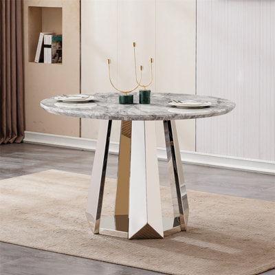Table de salle à manger ronde en marbre de 47 po, table de cuisine moderne avec plateau en faux marbre ultrabrillant et base en acier inoxydable pour la salle à manger, cuisine (table seulement)