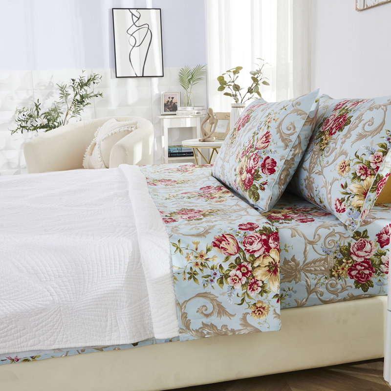 Ensemble de draps-housse 100% coton égyptien, ensemble de literie 4 pièces rose rouge 800 fils en bleu clair, pour chambre d'amis