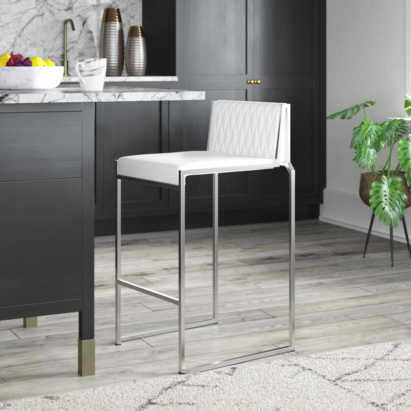 Shumpert 26" Brushed Stainless Steel Stackable Barstool, White Faux Leather