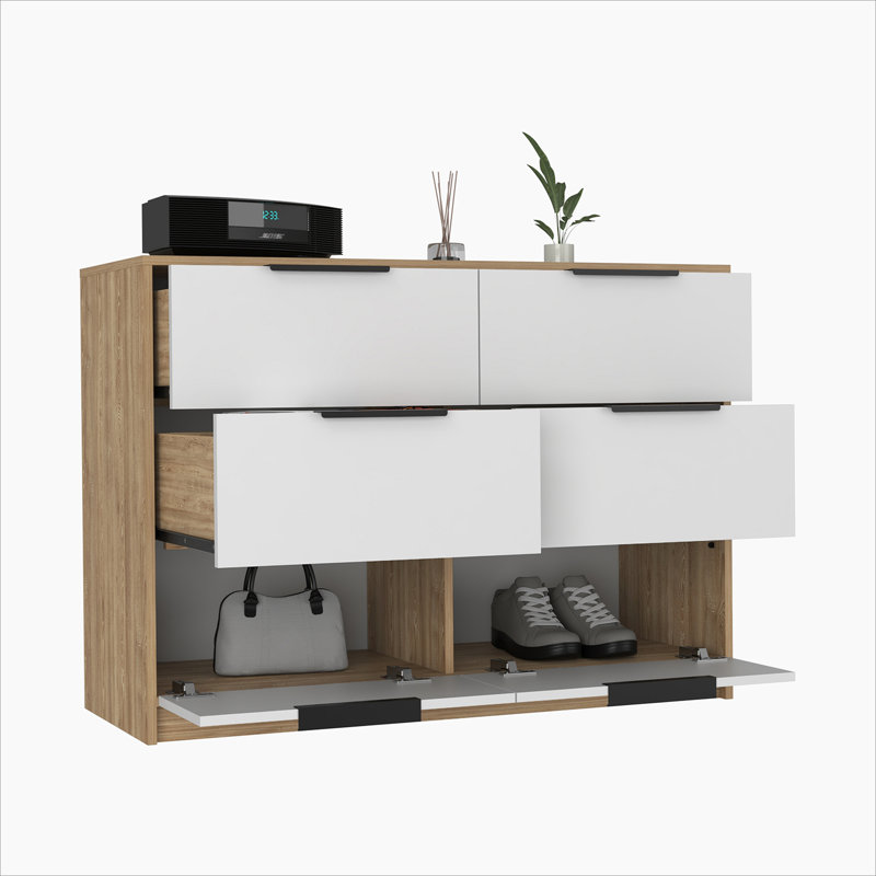 Kaia White and Pine 6-Drawer Modern Dresser