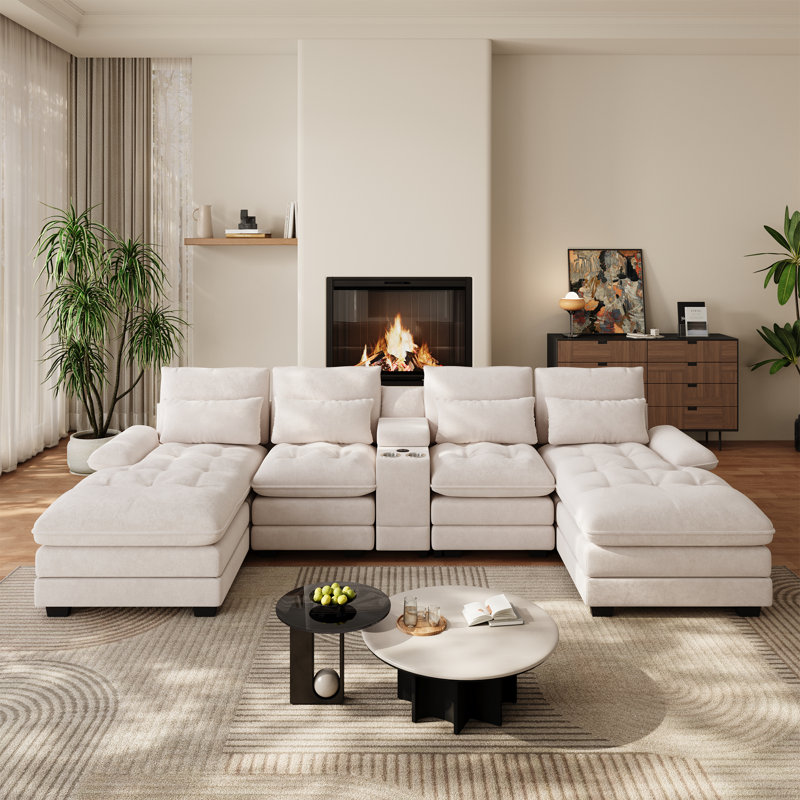 Oversized 130"W 4 Piece U-Shape Sectional With Console & Cup Holders, Beige