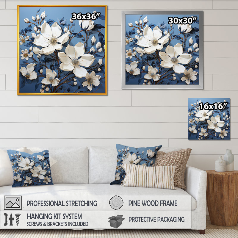 «Magnolia» en bleu et blanc sur fond élégant, Cadre doré simple, H 16 po x l 16 po x P 1 po