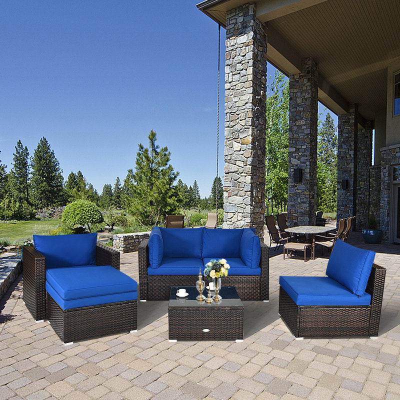 Ensemble de conversation modulaire en rotin 7 pièces avec coussins Patiojoy, Bleu marine