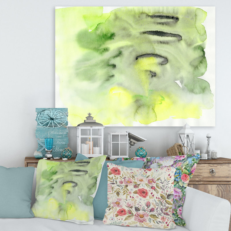 Étang abstrait vert et jaune - Peinture sur toile, H 24 po x l 32 po x P 1 po, Toile tendue
