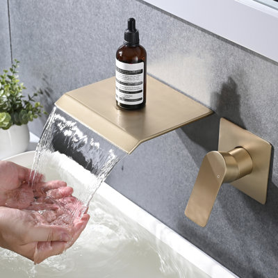 Brushed Gold Waterfall Tub Faucet - Wall Mounted Bathroom Sink With Ceramic Disk Valve And Sleek Appearance Stainless Steel Mounted, Gold, Modern Decoration