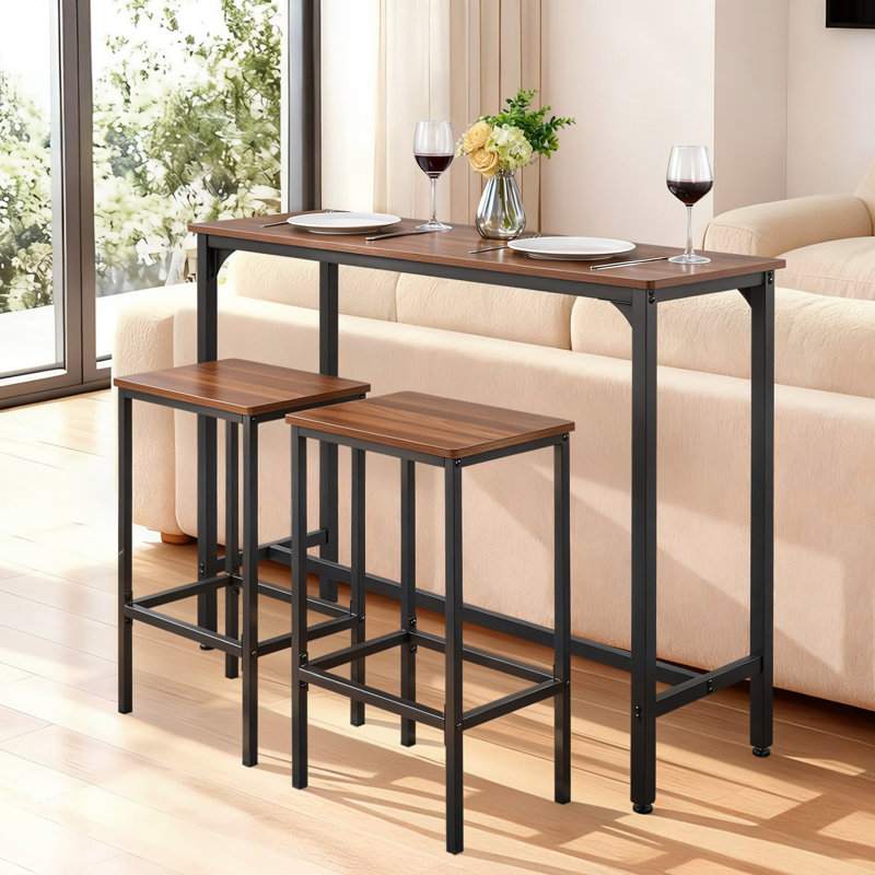 Table de bar, ensemble de tables de bar 3 pièces 47 po, tables de bar et ensemble de chaises à bords arrondis, table de pub rectangulaire avec deux tabourets pour bureau, coin déjeuner, mini-bar, brun rustique, noir