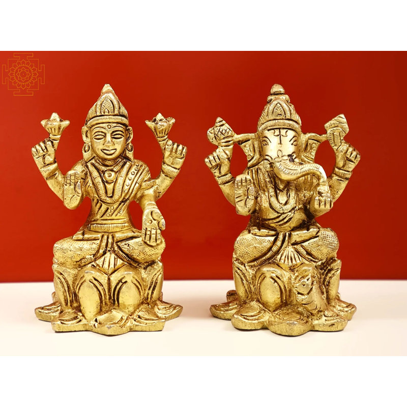 Petite statue de Lakshmi Ganesha en laiton de 3 po - divinités indiennes fabriquées à la main assis sur un lotus pour des décorations spirituelles