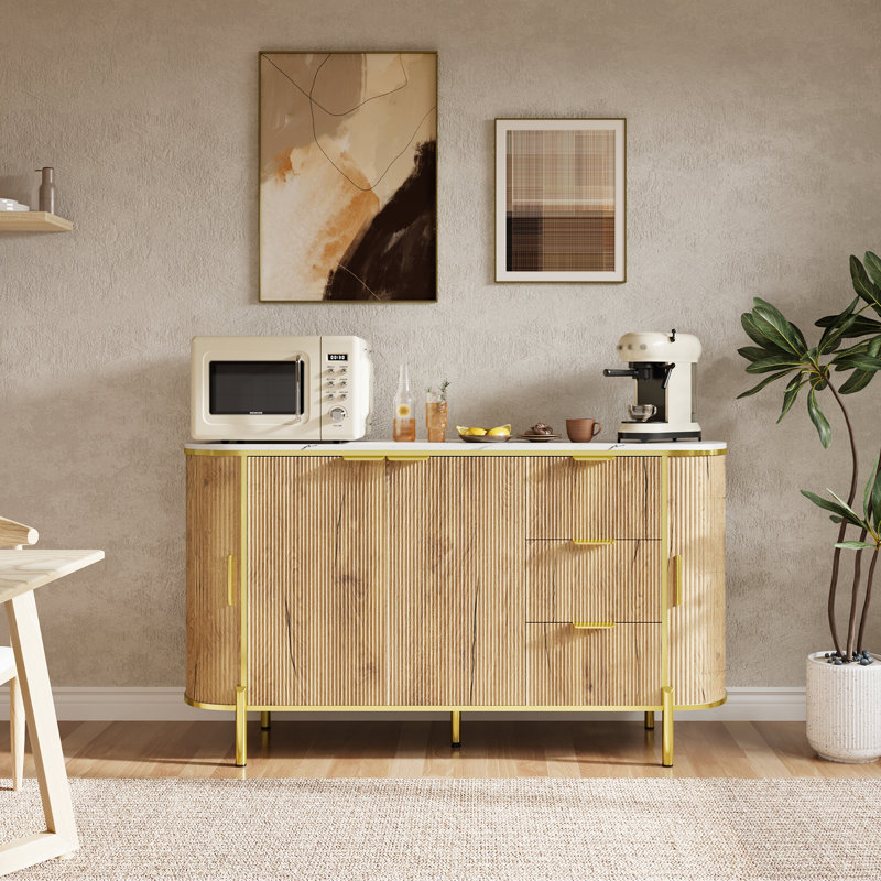 60" Fluted Sideboard Buffet w/ Faux Marble Top, Curved Sliding Doors & 3 Drawers, MDF Frame, Brown