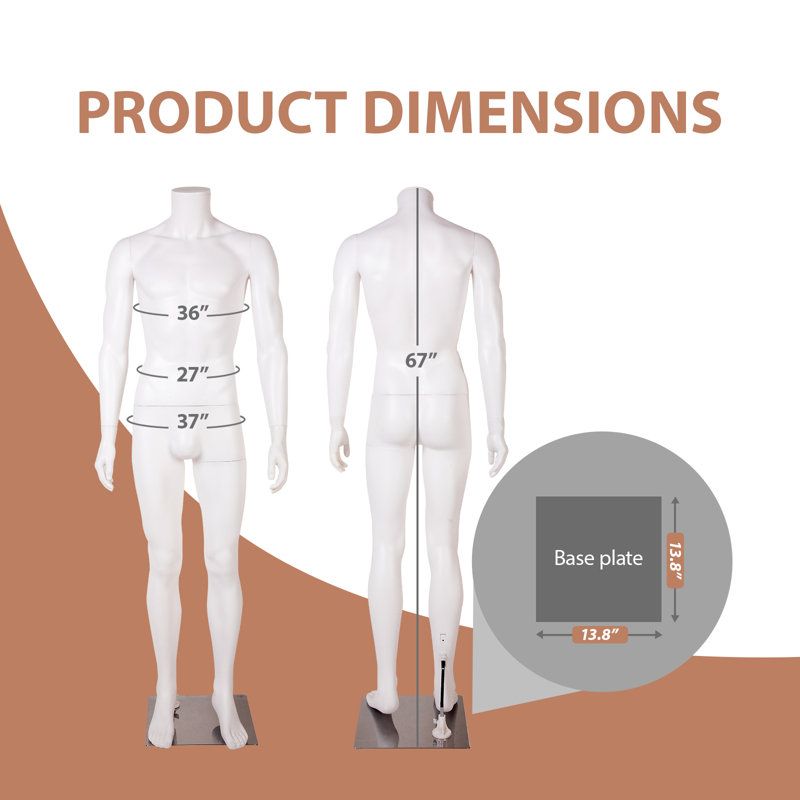 Mannequin homme 67 po Kinfant sans tête - Mannequin grand corps entier avec base en métal stable, bras / torse / pieds détachables - couture / couture / présentation de fenêtre / photographie