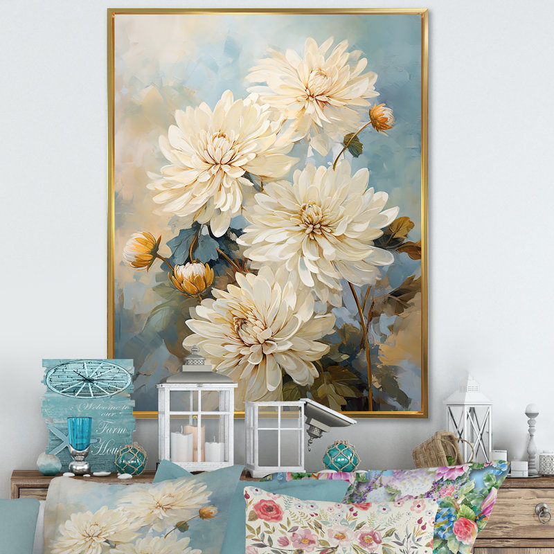 «Beige Mums In Bouquet Bliss», reproduction sur toile, H 32 po x l 16 po x P 1 po, Cadre flottant doré