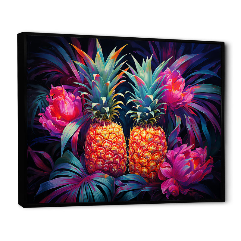Nectar néon ananas sur toile, H 30 po x l 40 po x P 1,5 po, Cadre flottant noir