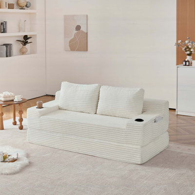 70.8-inch Corduroy Sofa Bed with Two Throw Pillows, Cup Holders, and Side Pockets for Living Rooms and Bedrooms