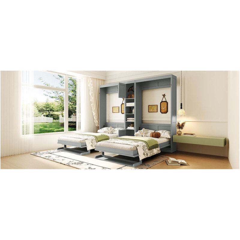 Lits simples escamotables doubles avec armoires et tablettes, Gris