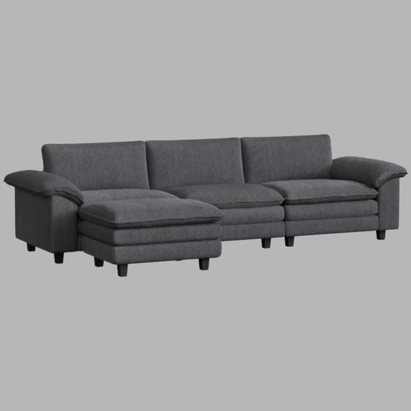 124.4" Luxury L-Shaped Sectional, Corduroy Upholstery, Pillow-Top Armrests, Movable Ottoman, 550 lbs Per Seat, Gray
