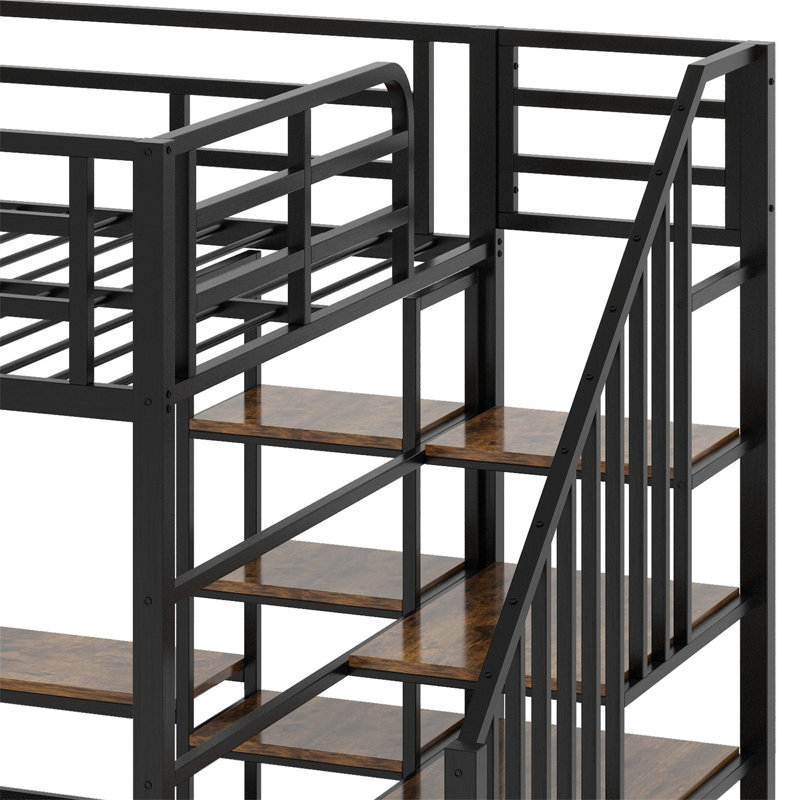 Lit mezzanine en métal avec escalier, table de rangement basse et tablettes de rangement, Noir