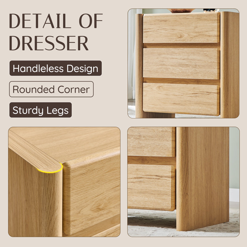 Bolanos 25" Tall Modern Nightstand with Charging Station & 3 Storage Drawers , Wood Bedside Table Large Mid Century for Bedroom