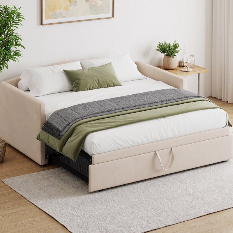 Lit de jour simple en velours avec couchette escamotable Cocoon, Beige