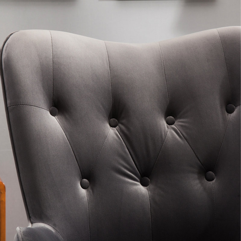 Chic Grey Velvet Button Back Armchair With Wood Composition Wonderful Chair Solid Legs, Grey