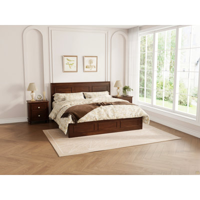 Queen Size Bed with Adjustable Height Headboard, Pine Wood Bed with Strengthened Bed Frame