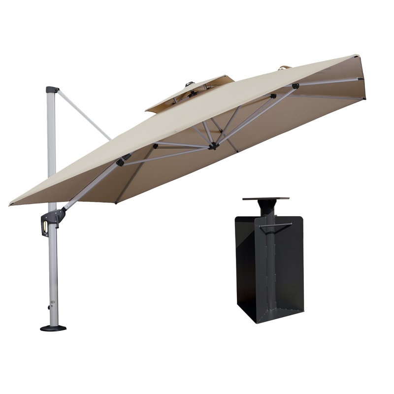 Shalonte 132'' Cantilever Umbrella with Crank Lift Counter Weights with Base in Ground, Beige