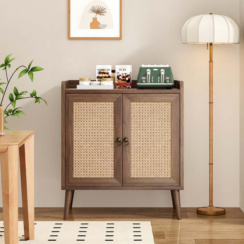 2 Rattan Doors Storage Accent Cabinet, Vintage