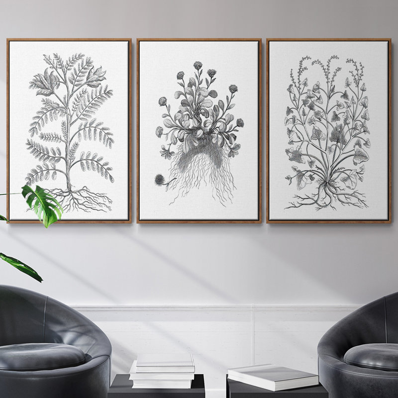 Ensemble de 3 pièces encadrées sur toile noir et blanc, H 27 po x l 54 po, Noyer
