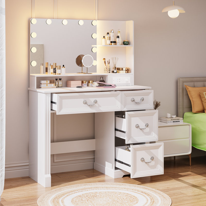 Bureau de coiffeuse avec miroir, ampoules, tiroirs, tablettes et tabouret - Table de maquillage pour chambre à coucher, Blanc