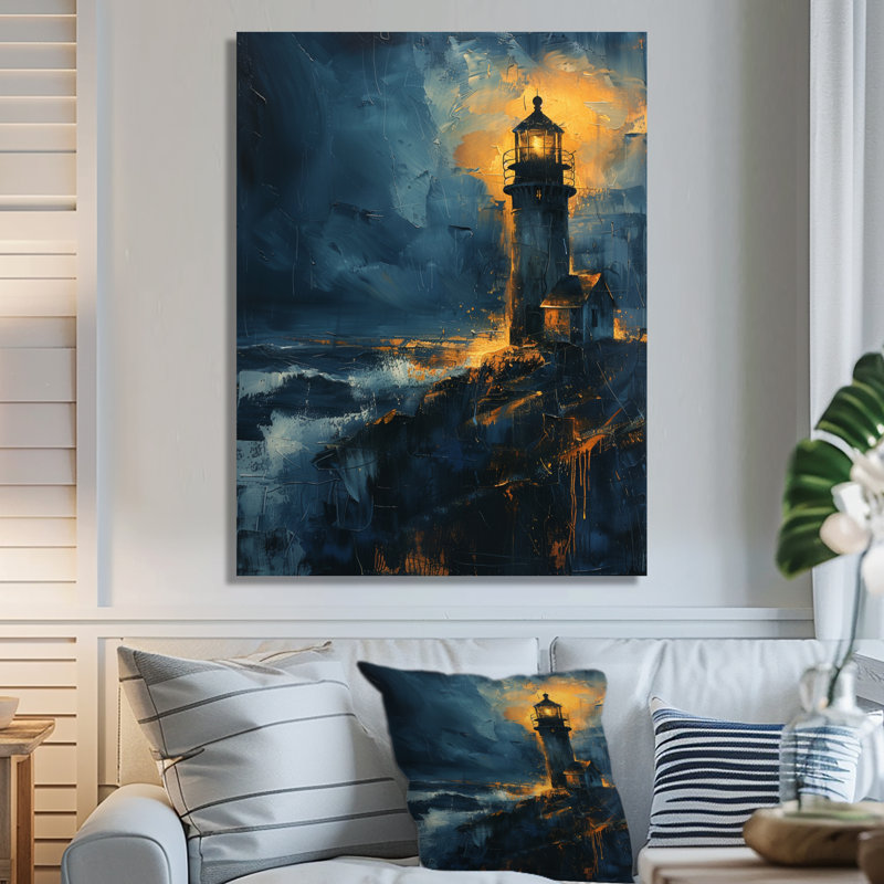 Décoration murale phare noir et bleu clair d'hiver, H 16 po x l 32 po, Toile tendue