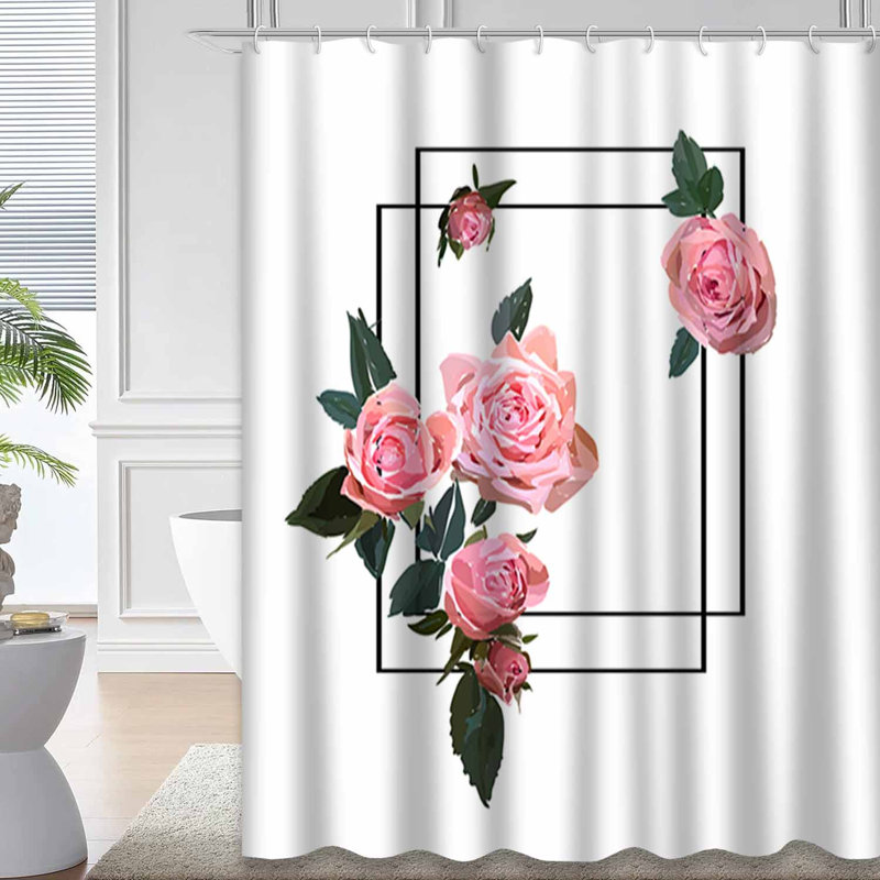 Rideau de douche imperméable à motif floral rose et blanc avec 12 crochets, L 72 po x l 84 po