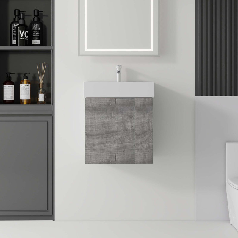 Meuble-lavabo flottant peu encombrant avec lavabo en céramique et portes à fermeture en douceur, Gris