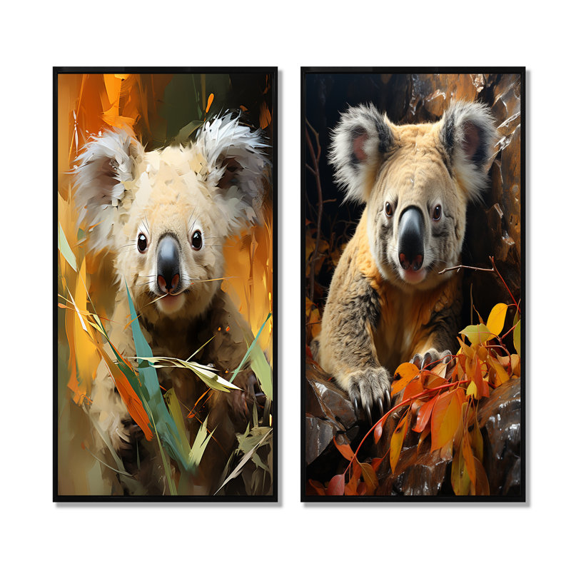 Koala Bush Retreat I - ensemble de 2 impressions sur toile Koala, Cadre flottant noir, H 32 po x l 33 po