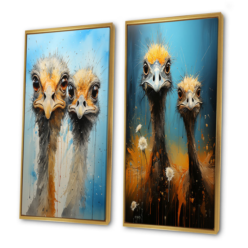 Ostriches Portrait Odyssey - ensemble de 2 décorations murales d'autruches, Encadrement doré, H 28 po x l 25 po