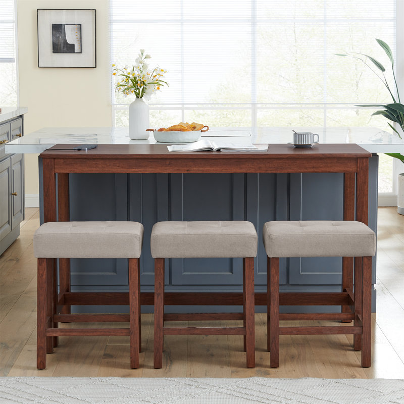 59" 4-Piece Bar Table Set with Power Outlet, 3 Upholstered Stools, Solid Wood Legs, Industrial Dining Table for Kitchen and Living Room
