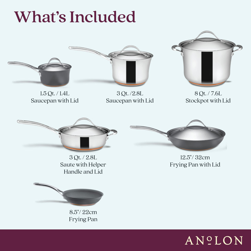 Anolon Nouvelle Copper Stainless Steel & Hard Anodized Nonstick Cookware Pots & Pans Set, 11 Piece, Silver & Black