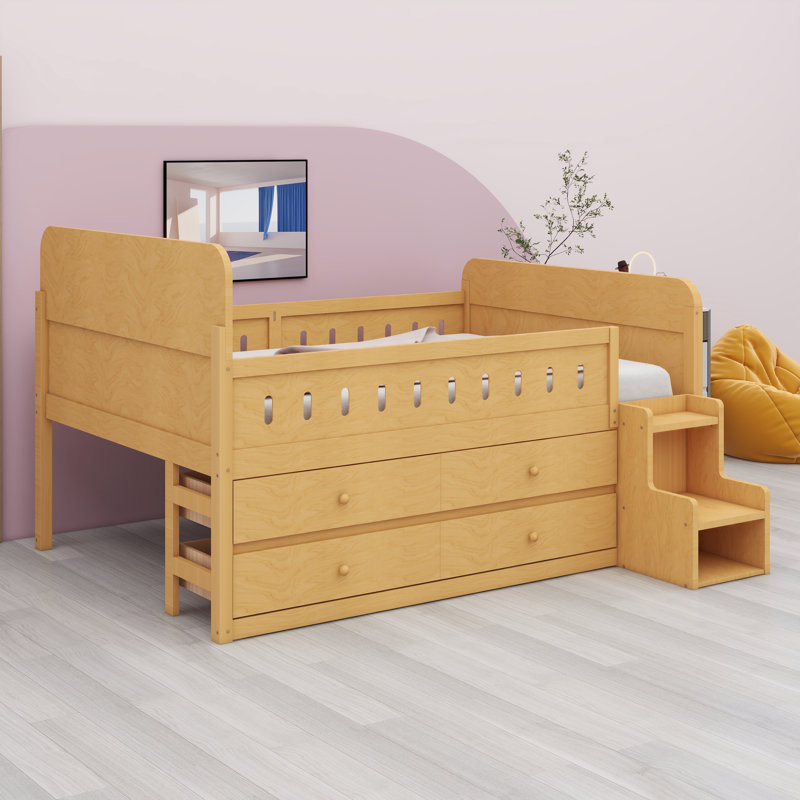 Lit en bois avec lumière DEL, tiroirs de rangement, Bois