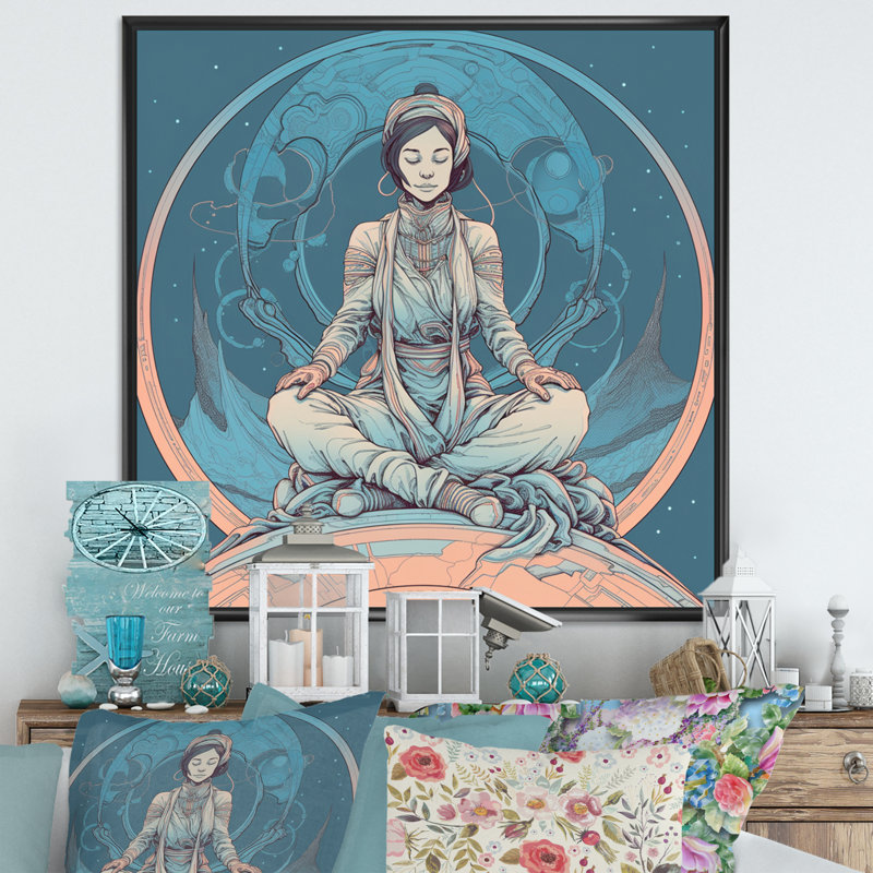 «Retro Yogini Meditation Harmony» en bleu délavé sur toile, H 16 po x l 16 po, Cadre flottant noir
