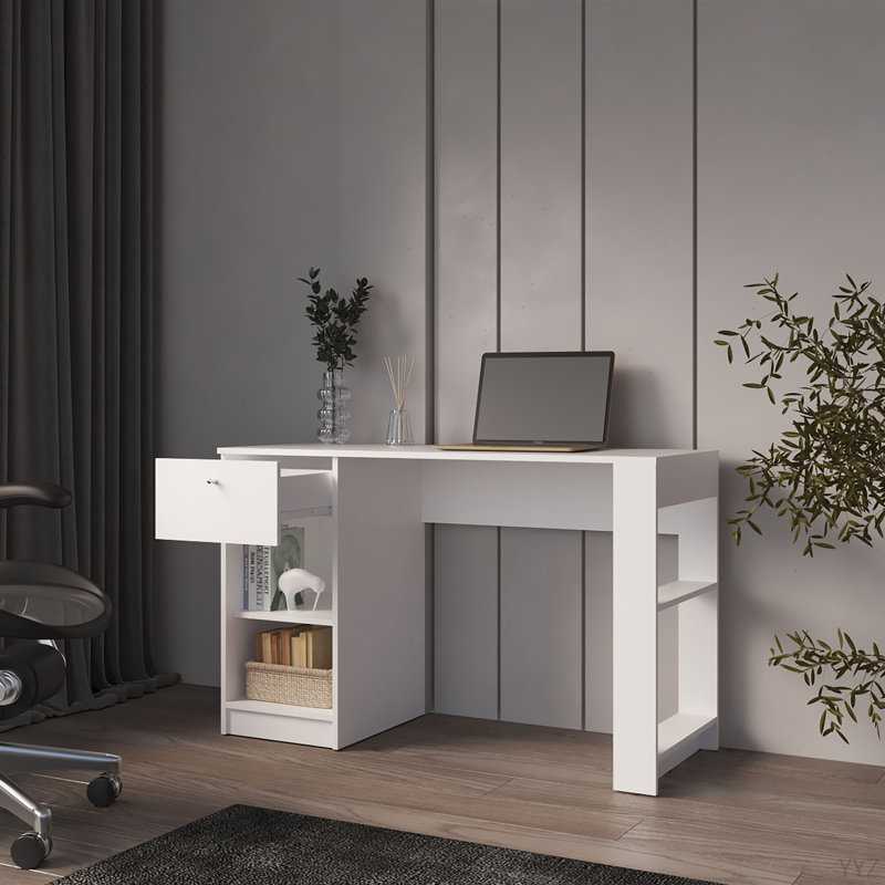 Bureau d'ordinateur City avec tiroir et rangement ouvert, blanc, Blanc