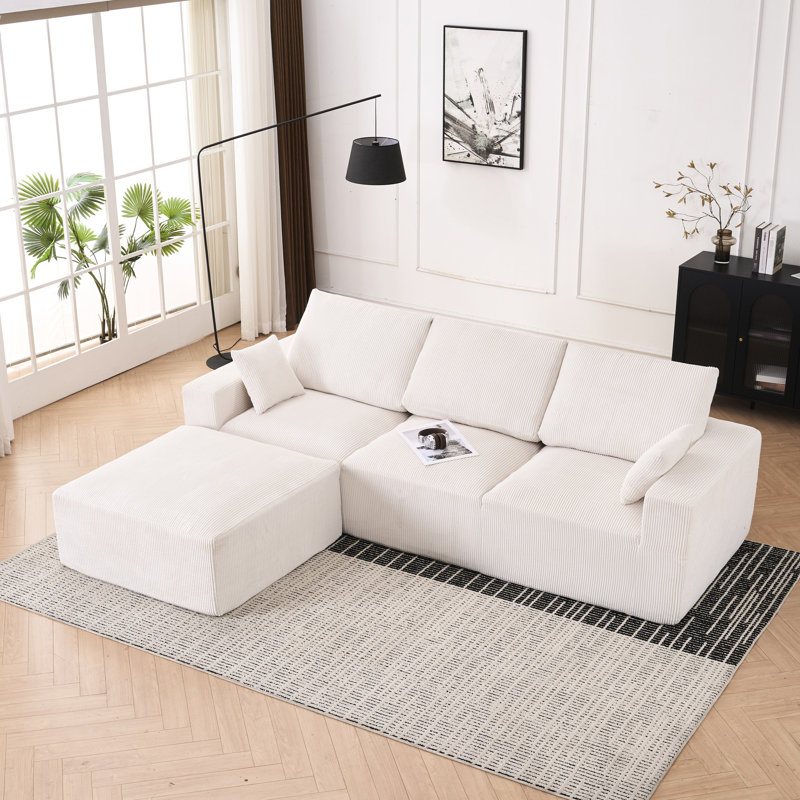 Canapé modulaire en forme de U de 113 po, 4 places, canapé-lit à 4 places, rembourré à compression, sans assemblage, mousse complète pour un espace de vie confortable en velours côtelé beige et blanc
