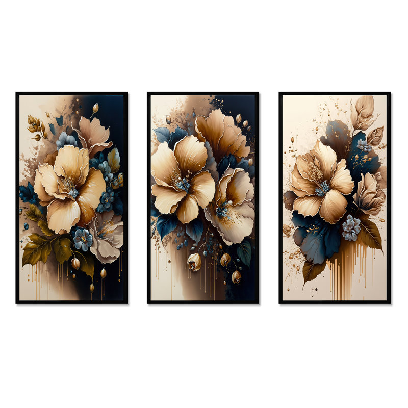 Bouquet d'hibiscus brun et bleu - ensemble d'art floral et botanique de 3 pièces, Noir, H 20 po x l 36 po