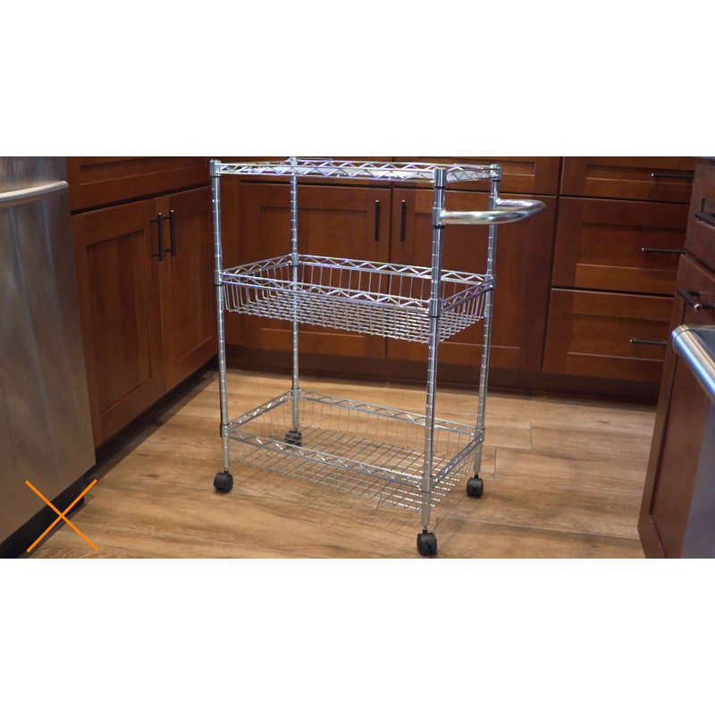 Silver 3-Tier Steel Rolling Utility Cart with Lockable Wheels