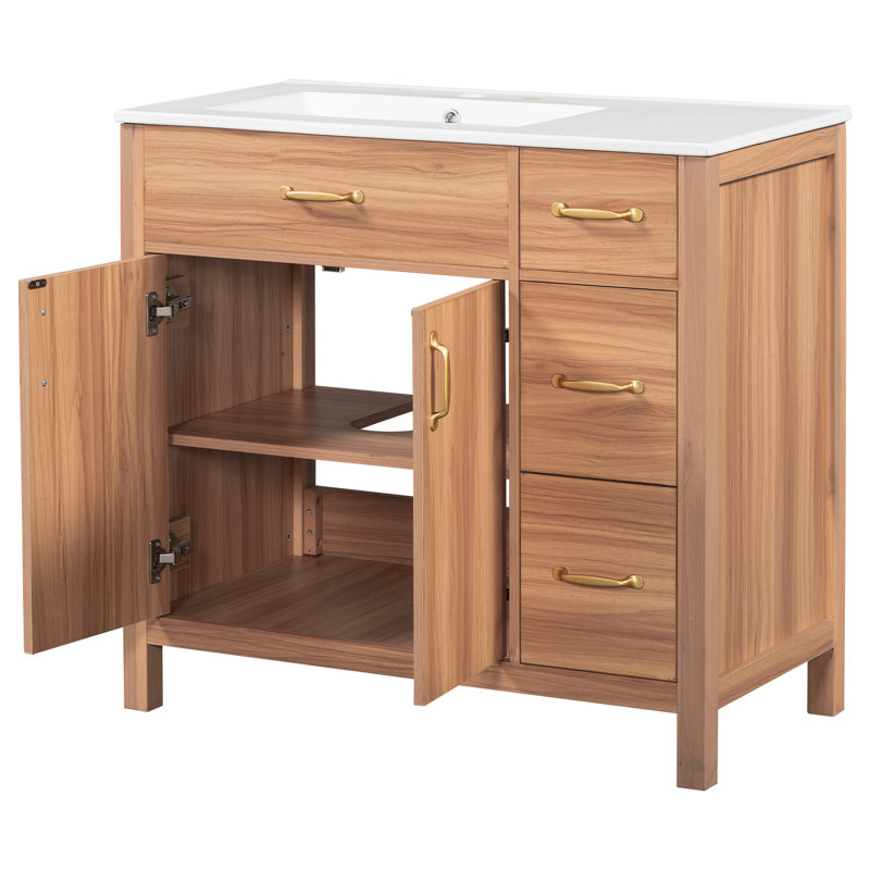 Meuble-lavabo de 36 po avec structure en bois massif, 2 portes à fermeture douce, 3 tiroirs, lavabo en céramique, tablette réglable pour cadre compact, petits espaces de bain