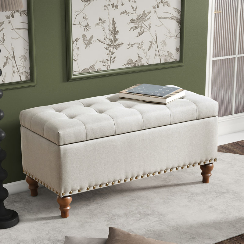 Lin beige polyvalent - pieds en bois massif, pour la chambre à coucher, le salon, l'entrée, le rangement caché supplémentaire avec espace matériaux, compartiment