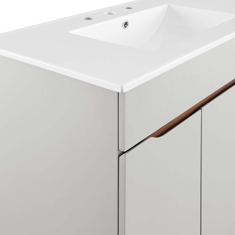 Gray White Mahogany Wood 36" Mid-Century Modern Bathroom Vanity